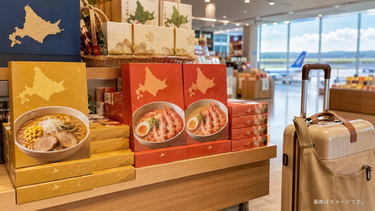 北海道らしいラーメン土産の箱、味噌ラーメン、えび風味ラーメン、旅行かばんを自然に配置