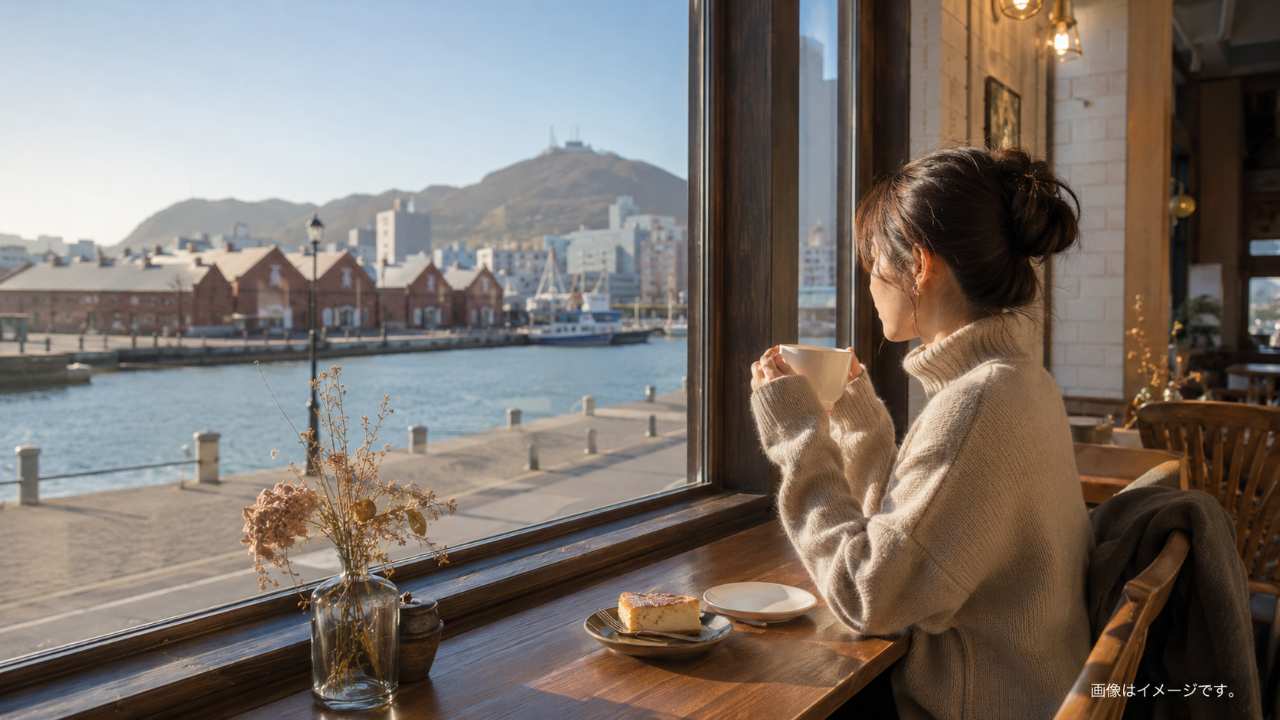 函館ベイエリアのカフェで朝のコーヒーを楽しむ場面、港の景色