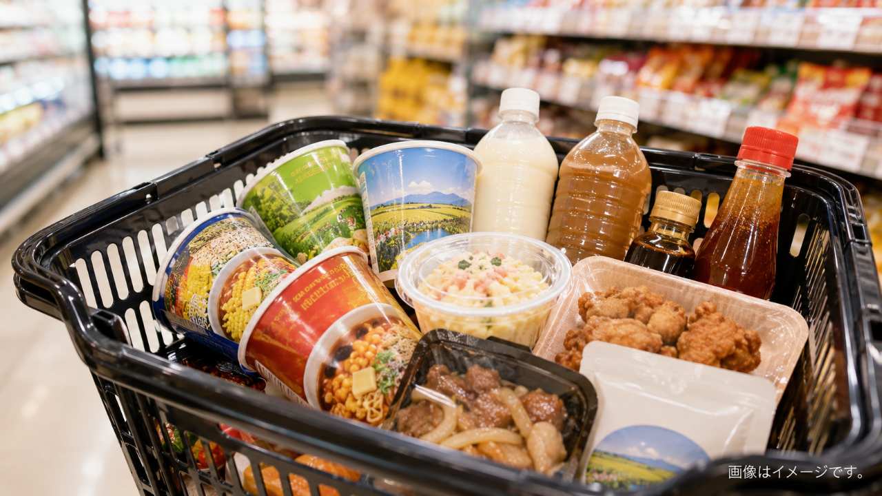 北海道のスーパーで買えるソウルフードをテーマに、買い物かごの中にカップ麺、ご当地飲料、調味料、惣菜が自然に入っている実写風のブログ用アイキャッチ