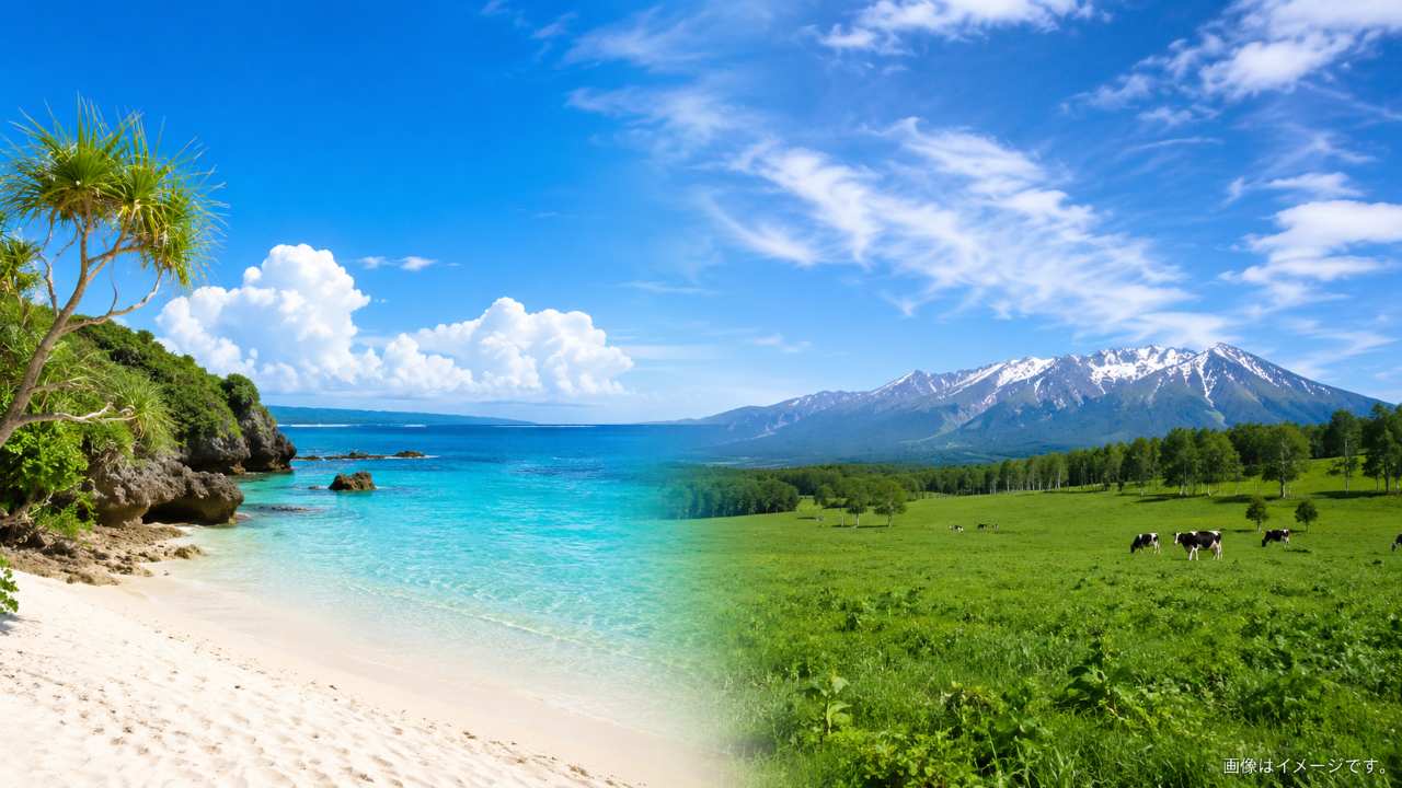 沖縄の青い海と白い砂浜、北海道の広大な草原と雪山を左右に自然に分けたブログ用アイキャッチ