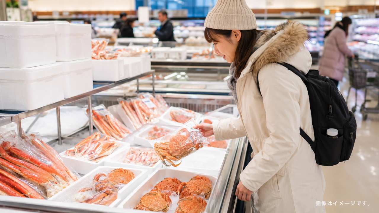 北海道のスーパーの海産物売場で、冷凍のカニや保冷箱が並び、旅行者がお土産として選んでいる写真風のブログ用アイキャッチ