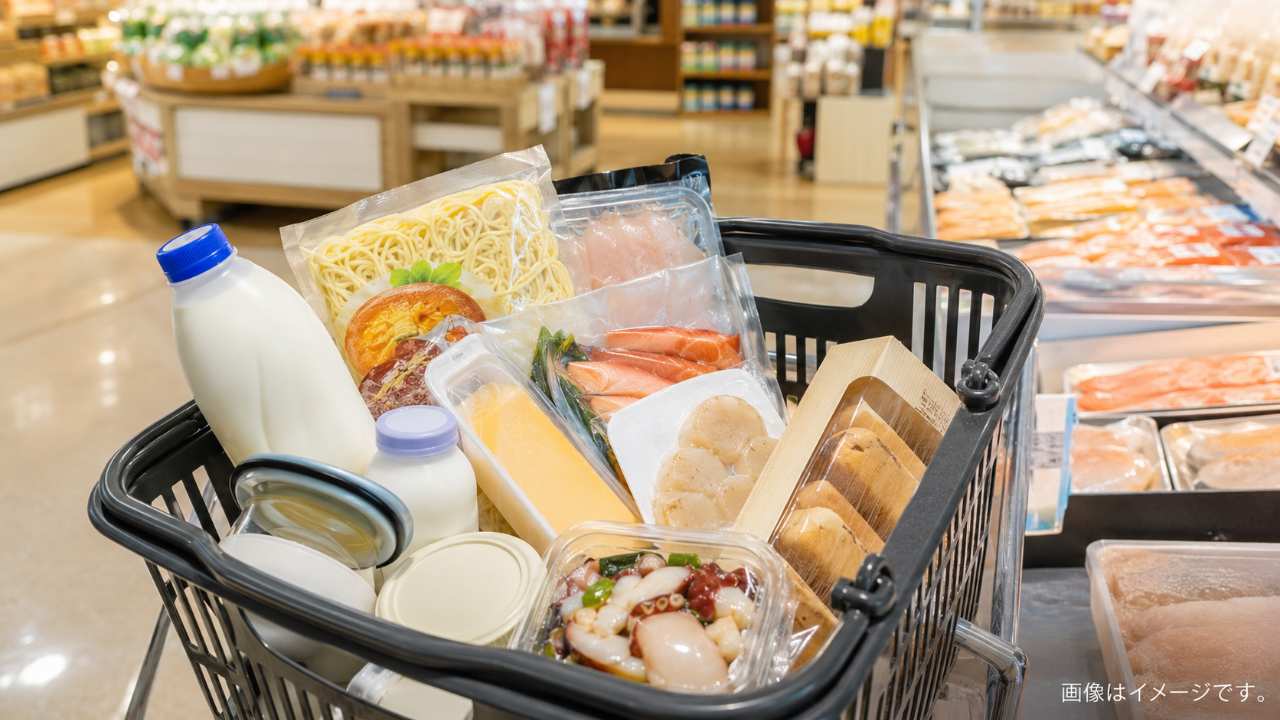 北海道の地元スーパーの食品売り場をイメージしたブログ用アイキャッチ。買い物かごに北海道らしい乳製品、ラーメン、海鮮加工品、惣菜、スイーツ