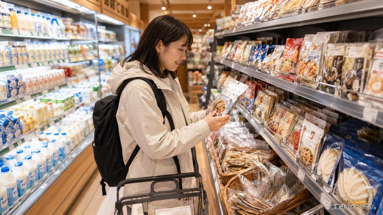 北海道旅行中の人がスーパーでご当地商品を選んでいる実写風の写真