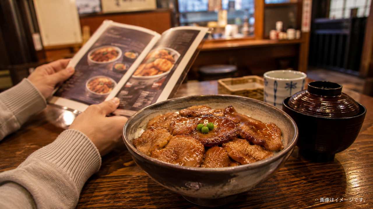 北海道旅行の食事シーンとして、豚丼を前にメニューを見ながら注文を考える手元の写真