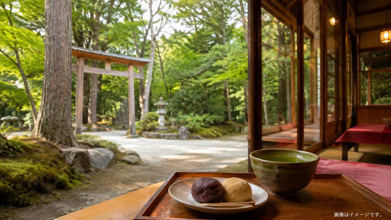 北海道神宮の森の中にある和風の六花亭 神宮茶屋店をイメージしたブログ用アイキャッチ