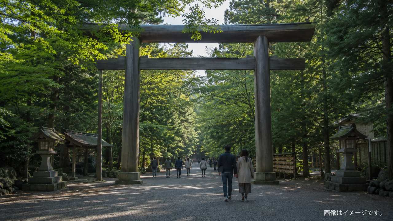 北海道神宮の参道と鳥居を歩く観光客、朝の柔らかい光、静かな森、札幌旅行の雰囲気