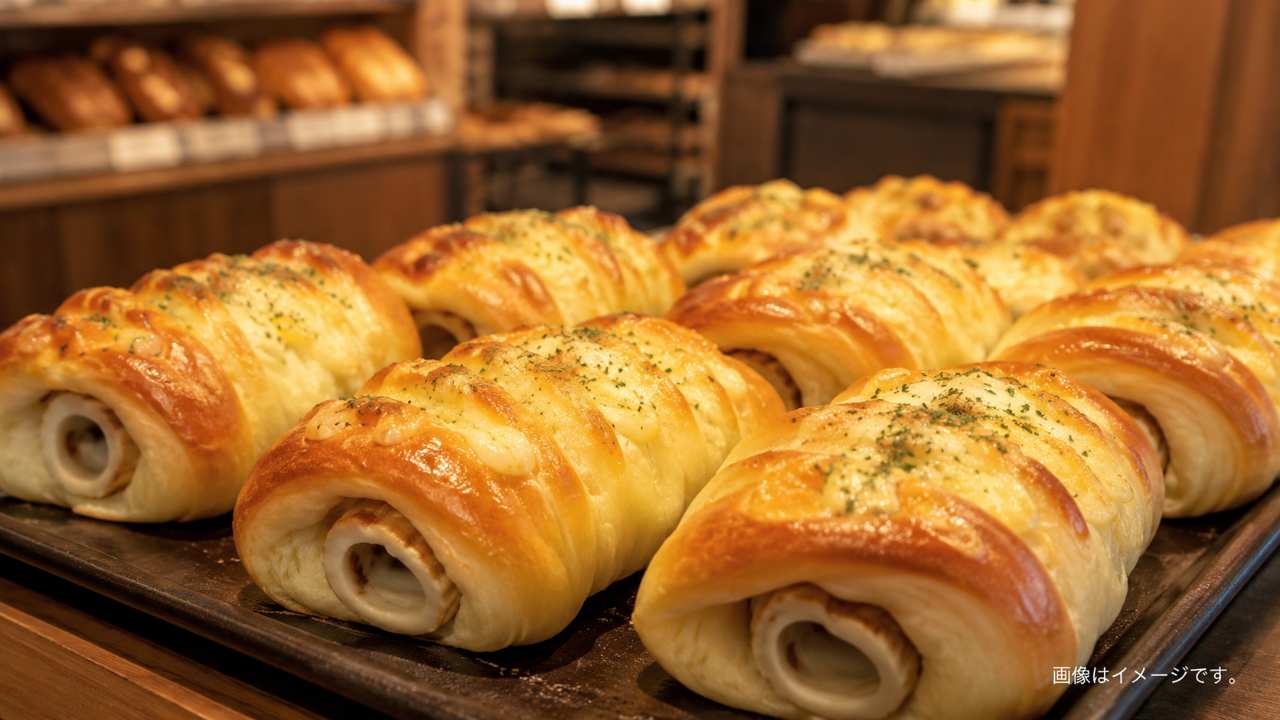 札幌のベーカリーで焼きたてのちくわパンをトレーに並べた実写風写真
