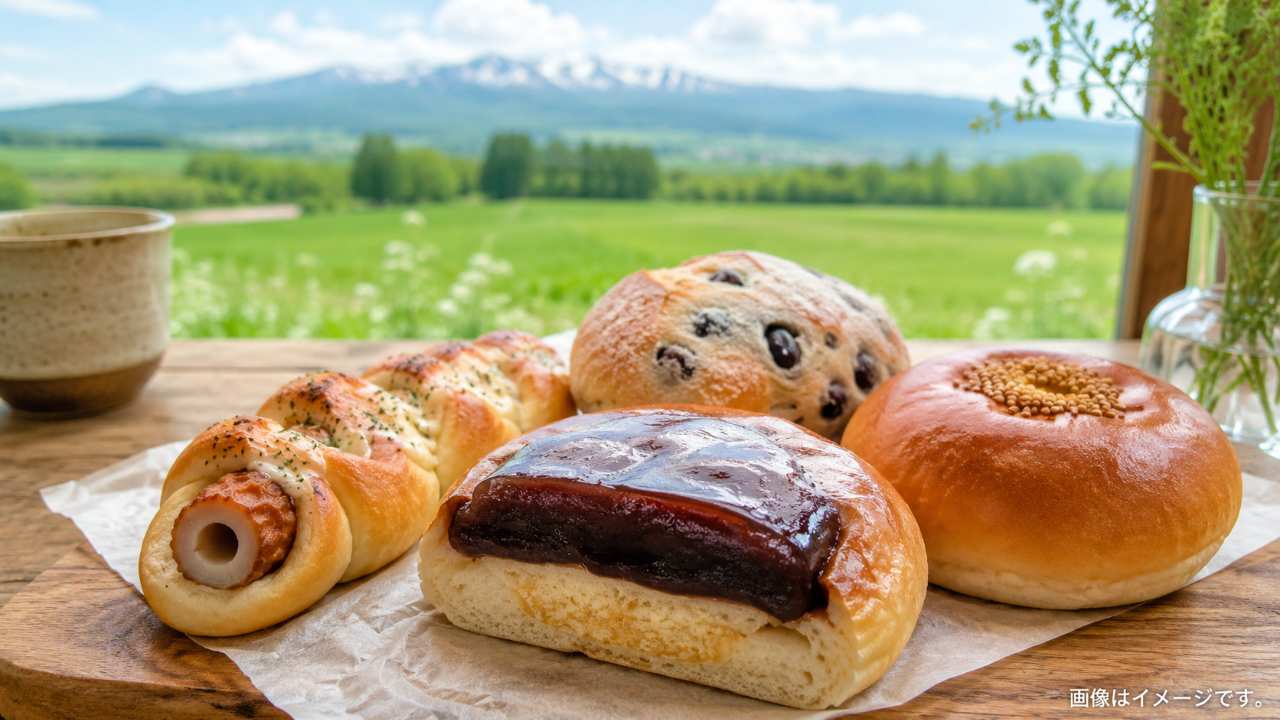 北海道のご当地パンをテーマに、ちくわパン、ようかんパン、豆パン、あんぱん風のパン