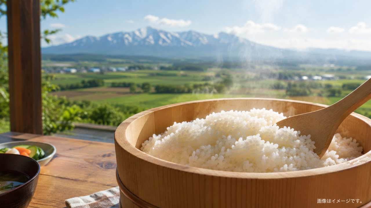 北海道の田園風景を背景に、湯気の立つ炊きたての白ご飯と木のしゃもじを配置した実写風ブログアイキャッチ