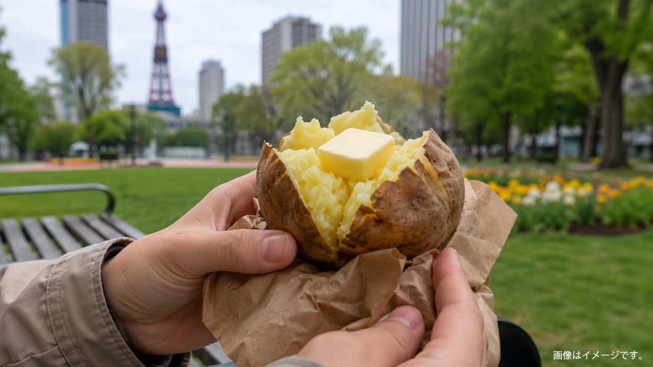 大通公園のベンチでじゃがバターを楽しむ手元の写真風イメージ