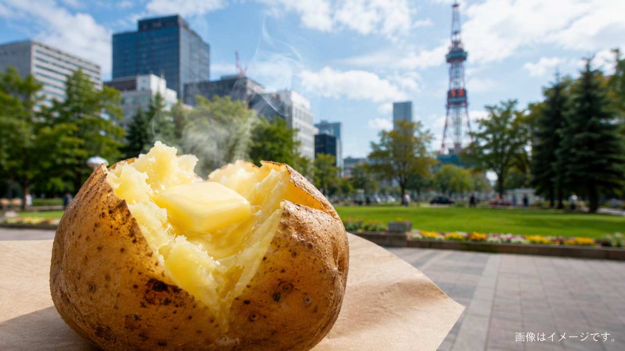 札幌の大通公園を背景に、湯気の立つほくほくのじゃがバターを手前に大きく配置した写真風のブログ用アイキャッチ