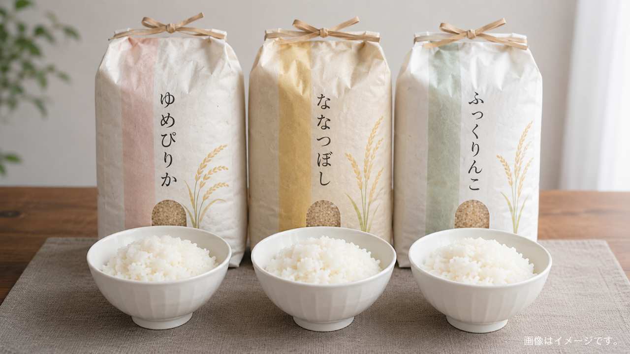 ゆめぴりか、ななつぼし、ふっくりんこをイメージした複数の米袋と白い茶碗を並べた実写風写真