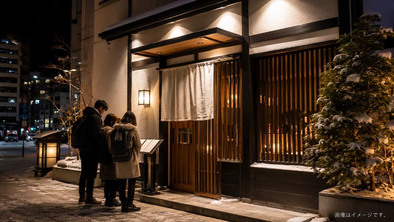 北海道旭川の夜の街並みにある人気ジンギスカン店をイメージしたブログ用アイキャッチ