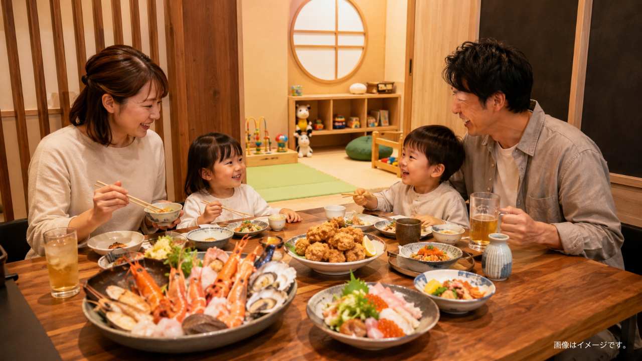 北海道の居酒屋で子連れ家族が安心して食事を楽しむブログ用アイキャッチ画像