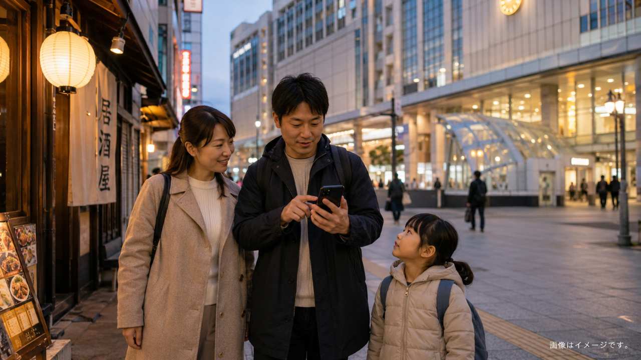 札幌駅周辺で子連れ家族が居酒屋を探している雰囲気のブログ用画像