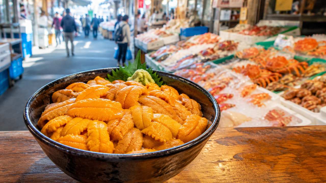 札幌の市場を背景に、木目のカウンターへ黄金色のうに丼が美しく置かれている