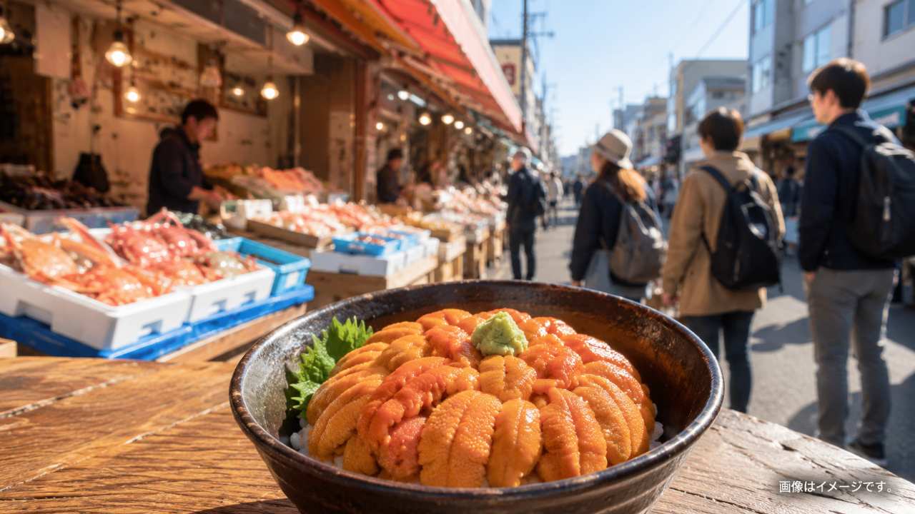 二条市場をイメージした通りに海鮮店が並び、手前にうに丼が置かれている