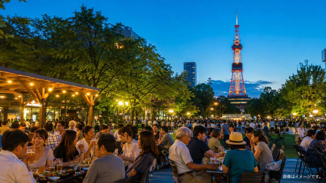 夏の夕暮れの札幌・大通公園を舞台に、緑の木々、開放的な屋外ビアガーデン