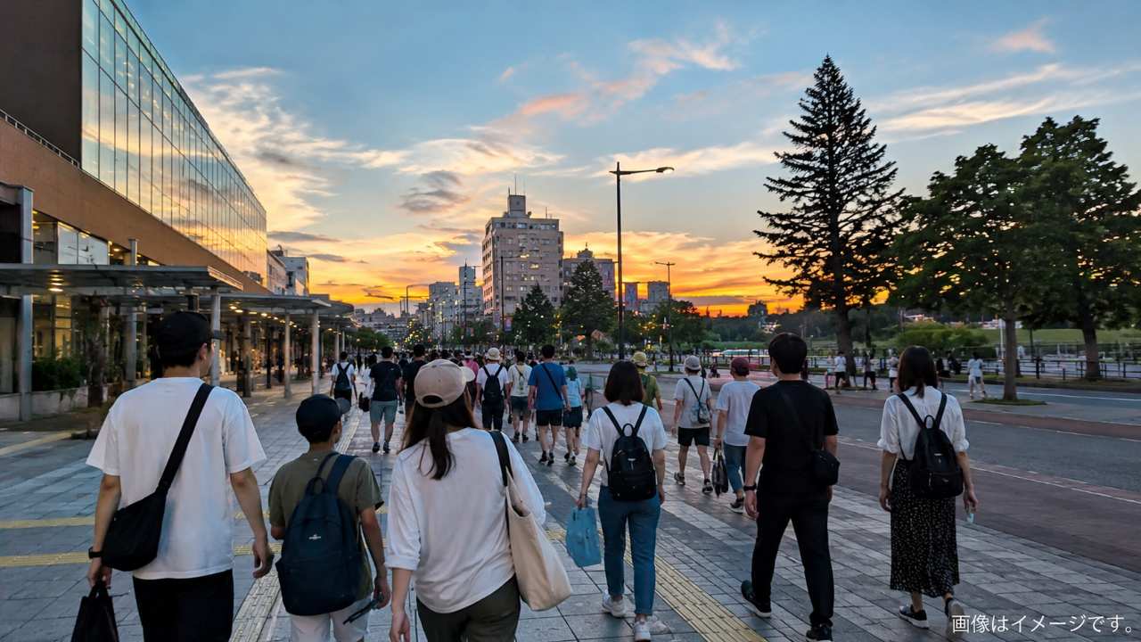 夏の夕方のJR帯広駅周辺から花火大会会場へ歩いて向かう来場者のイメージ