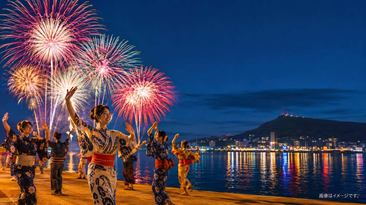 夏の夜の函館港を舞台に、港の水面へ反射する色鮮やかな大輪の花火