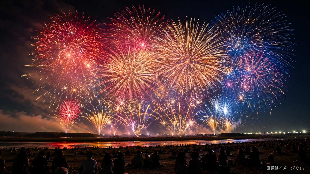 北海道帯広市の広大な十勝川河川敷を舞台に、夏の澄んだ夜空いっぱいへ赤、金、青の壮大な花火が連続して広がる光景
